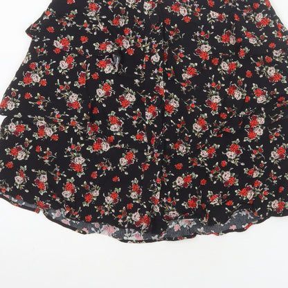 Zara Women Black Size 8 Floral Tiered Ruffle Skater Mini Skirt