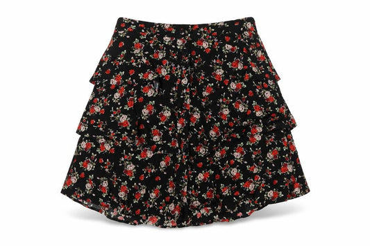 Zara Women Black Size 8 Floral Tiered Ruffle Skater Mini Skirt