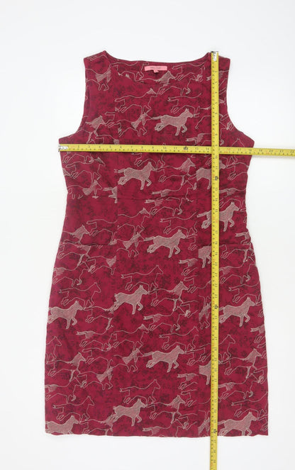 White Stuff Women Red Horse Print Cotton Sleeveless Sheath Dress UK 14