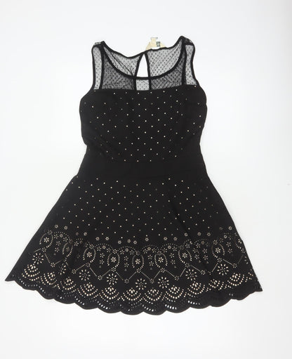 Yumi Women Black UK 8 Fit & Flare Polka Dot Mesh Party Dress