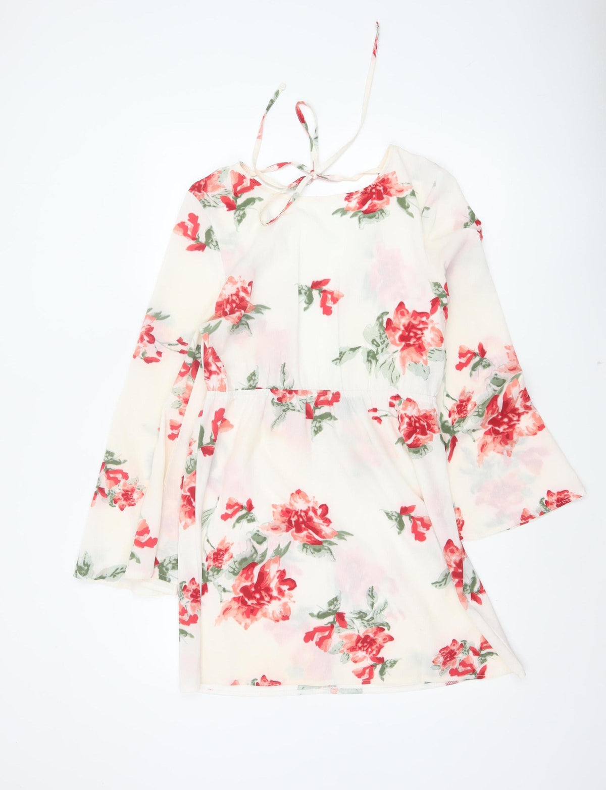 PRETTYLITTLETHING Women Ivory Floral Bell Sleeve Skater Dress UK 10