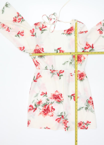 PRETTYLITTLETHING Women Ivory Floral Bell Sleeve Skater Dress UK 10
