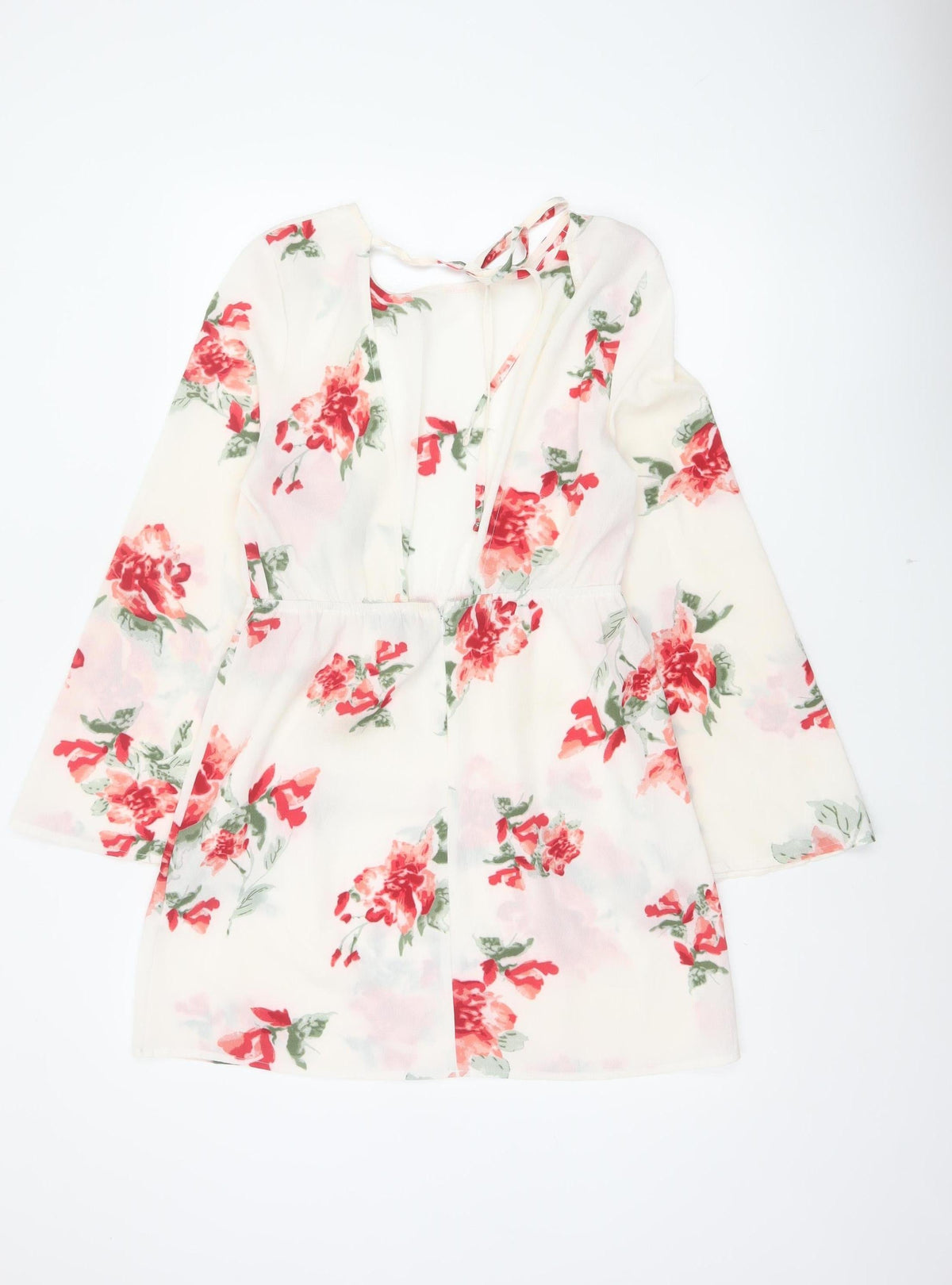 PRETTYLITTLETHING Women Ivory Floral Bell Sleeve Skater Dress UK 10