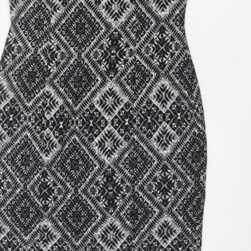 H&M Women’s Black Aztec Geometric Sheath Dress UK 12 Cap Sleeve