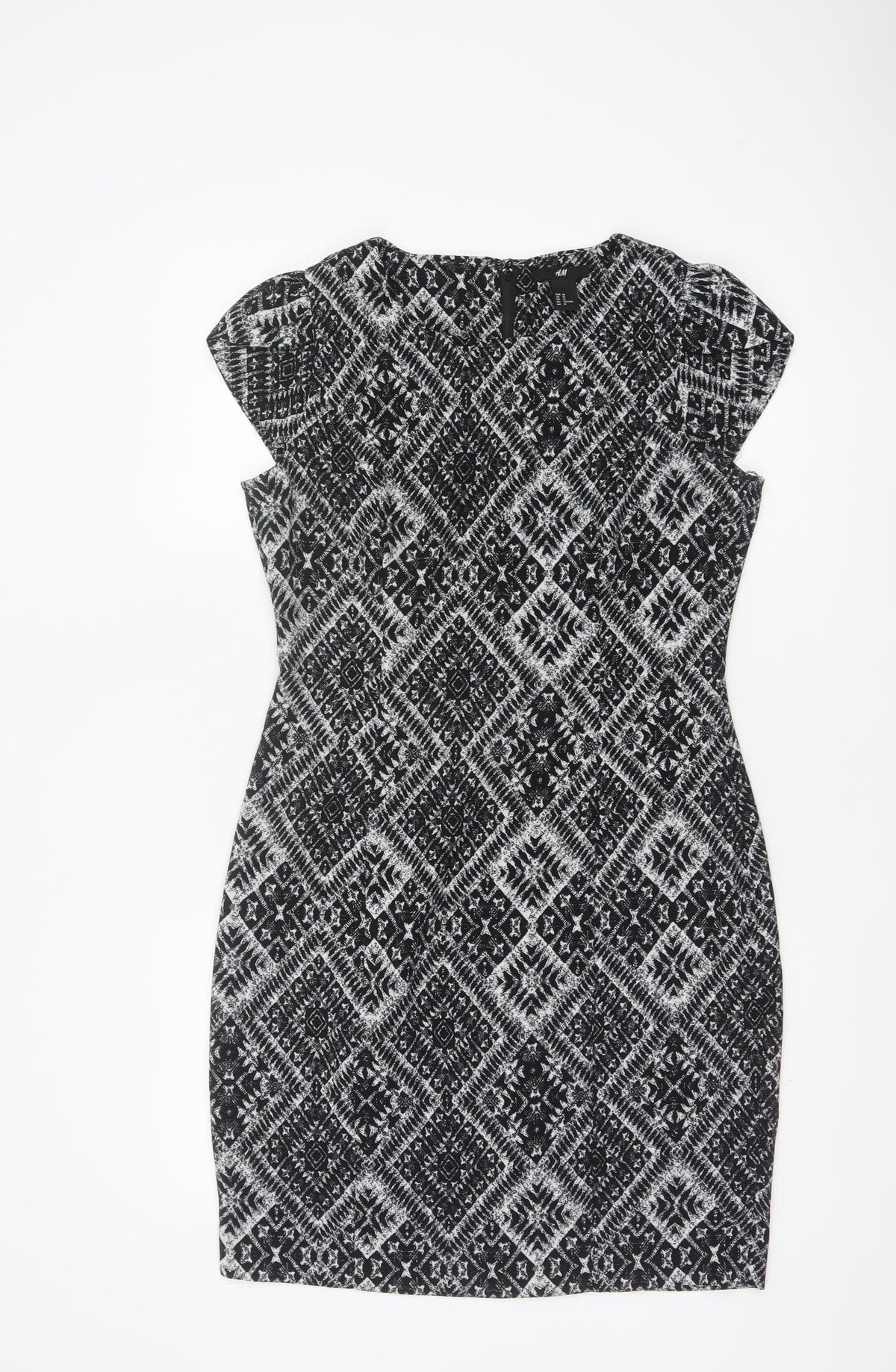 H&M Women’s Black Aztec Geometric Sheath Dress UK 12 Cap Sleeve