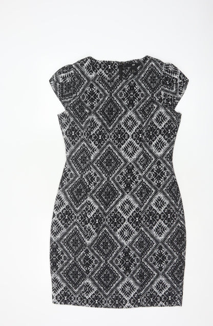 H&M Women’s Black Aztec Geometric Sheath Dress UK 12 Cap Sleeve