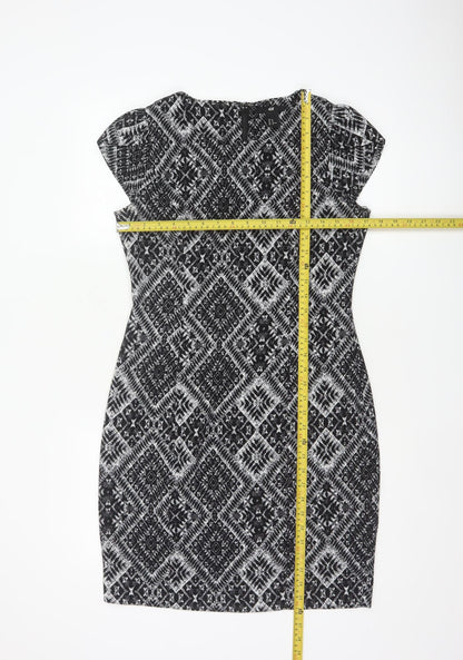 H&M Women’s Black Aztec Geometric Sheath Dress UK 12 Cap Sleeve