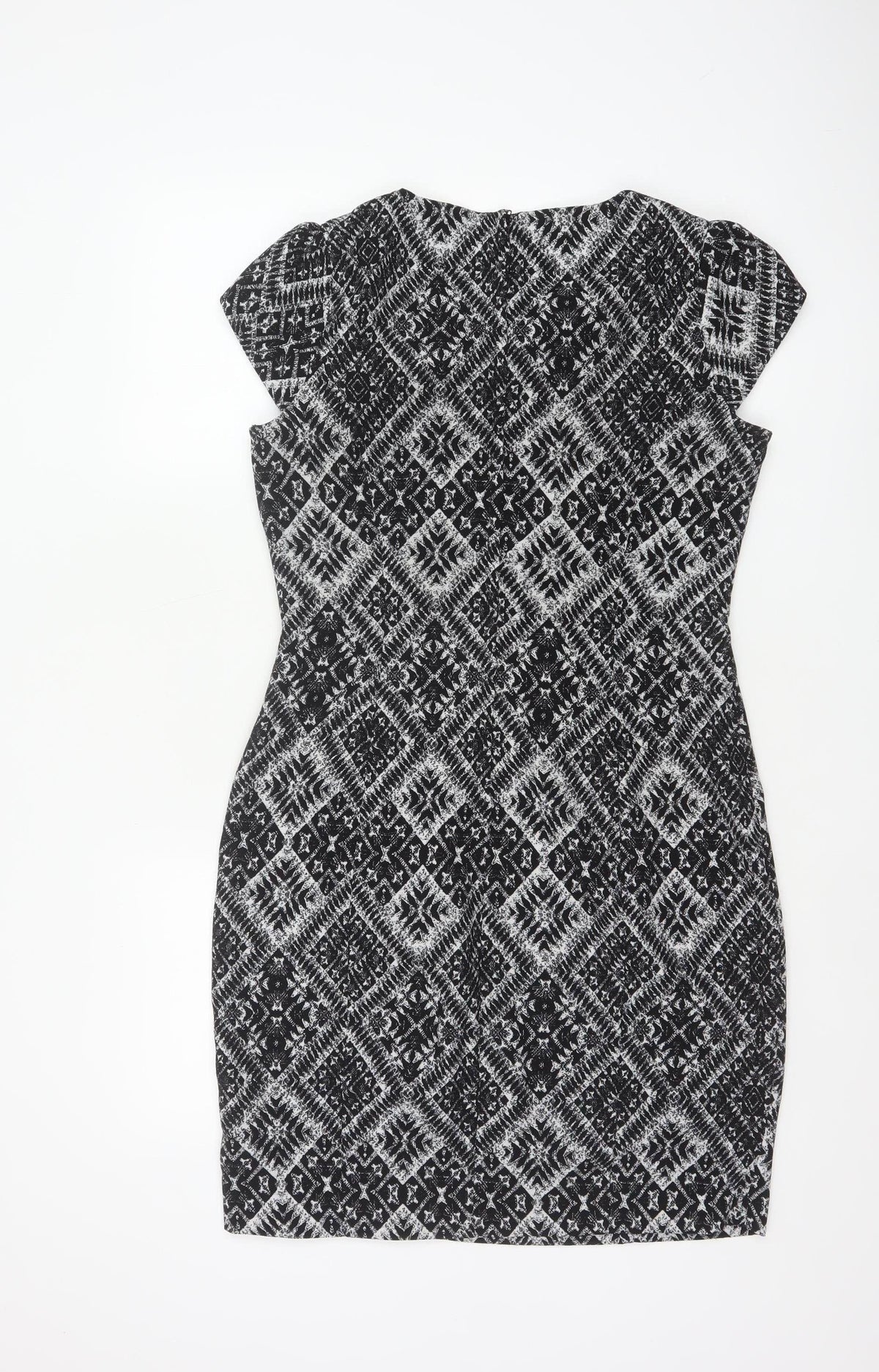 H&M Women’s Black Aztec Geometric Sheath Dress UK 12 Cap Sleeve