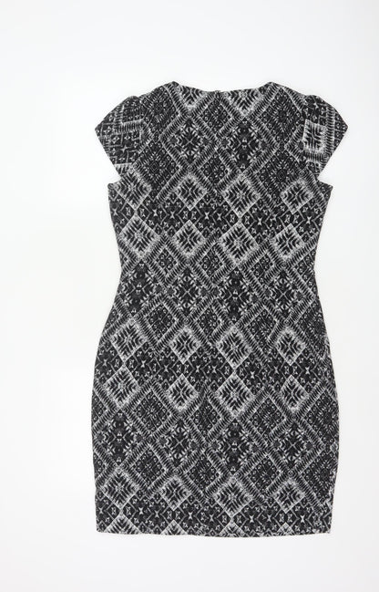 H&M Women’s Black Aztec Geometric Sheath Dress UK 12 Cap Sleeve