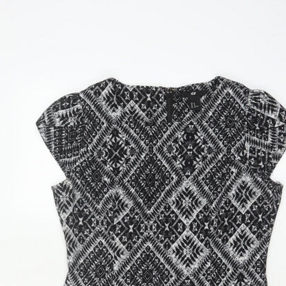 H&M Women’s Black Aztec Geometric Sheath Dress UK 12 Cap Sleeve