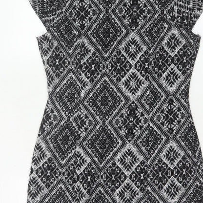 H&M Women’s Black Aztec Geometric Sheath Dress UK 12 Cap Sleeve