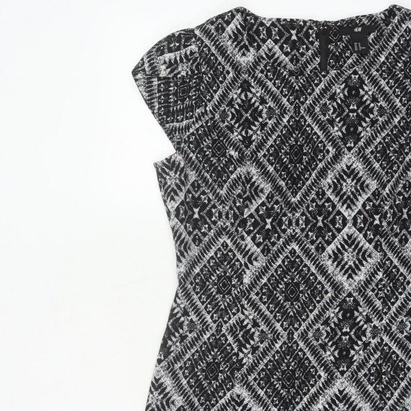 H&M Women’s Black Aztec Geometric Sheath Dress UK 12 Cap Sleeve