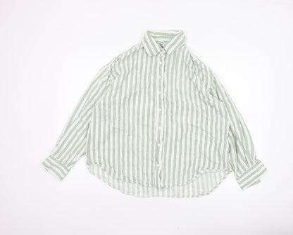 Stradivarius Women Green White Striped Linen Blend Button-Up Shirt L