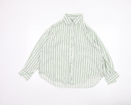 Stradivarius Women Green White Striped Linen Blend Button-Up Shirt L