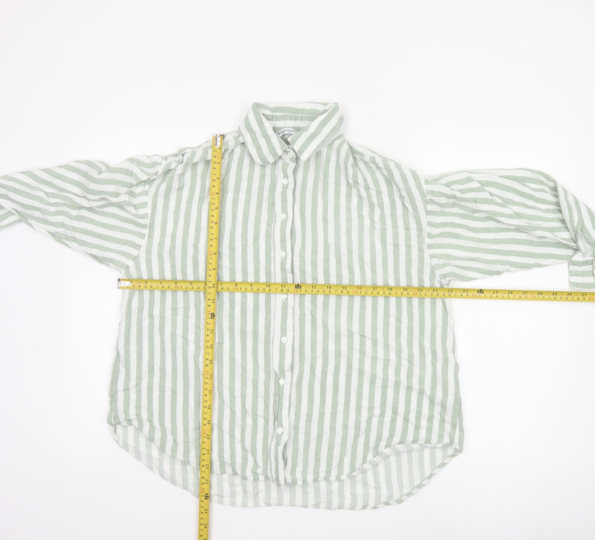 Stradivarius Women Green White Striped Linen Blend Button-Up Shirt L