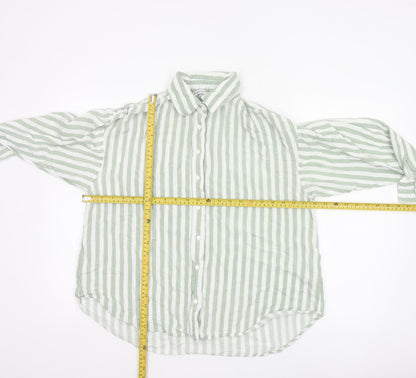 Stradivarius Women Green White Striped Linen Blend Button-Up Shirt L
