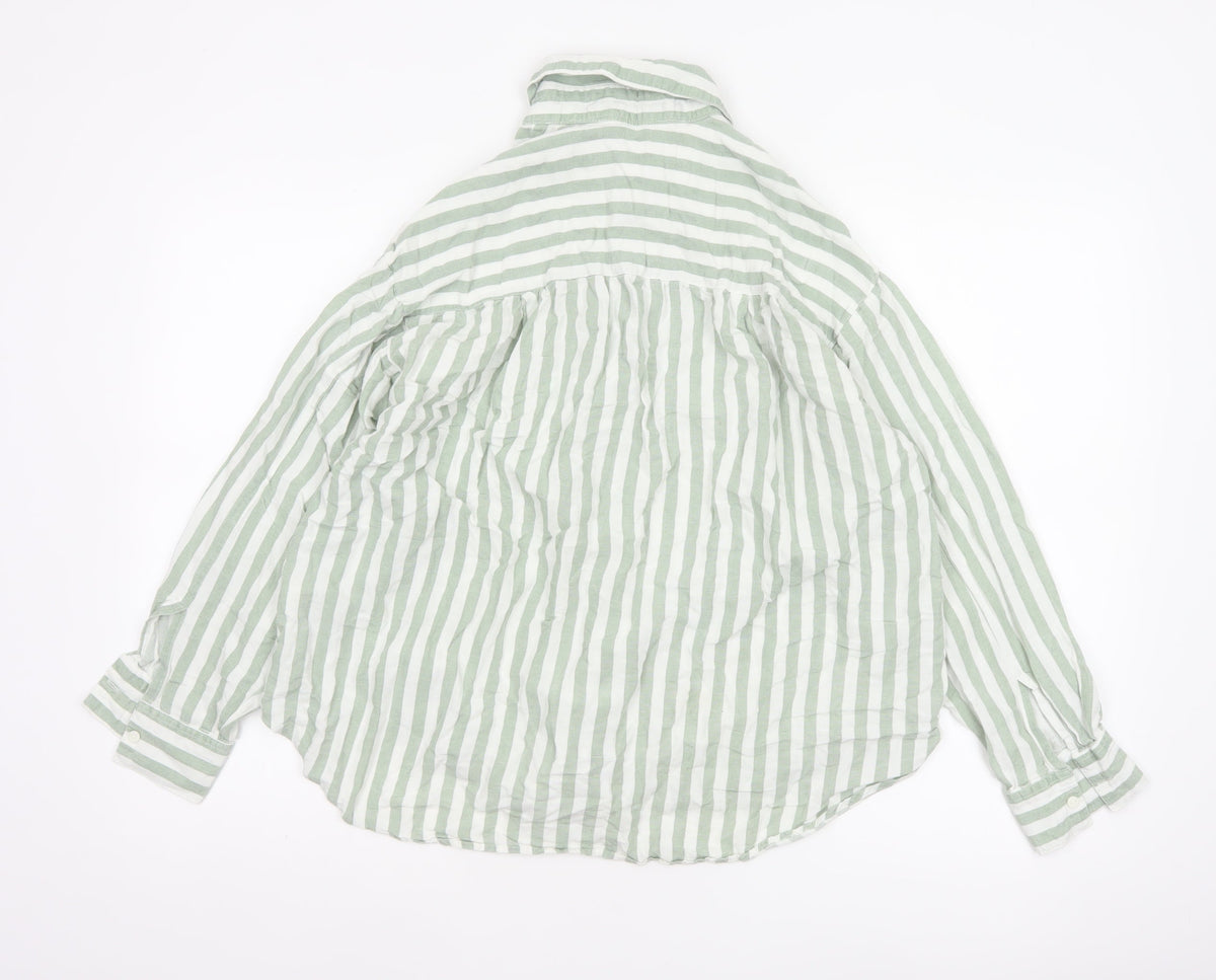 Stradivarius Women Green White Striped Linen Blend Button-Up Shirt L