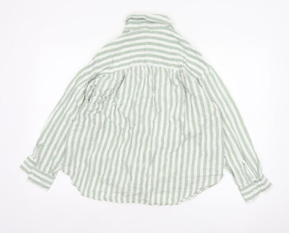 Stradivarius Women Green White Striped Linen Blend Button-Up Shirt L