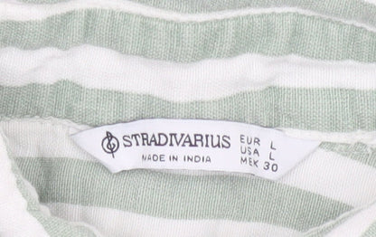 Stradivarius Women Green White Striped Linen Blend Button-Up Shirt L