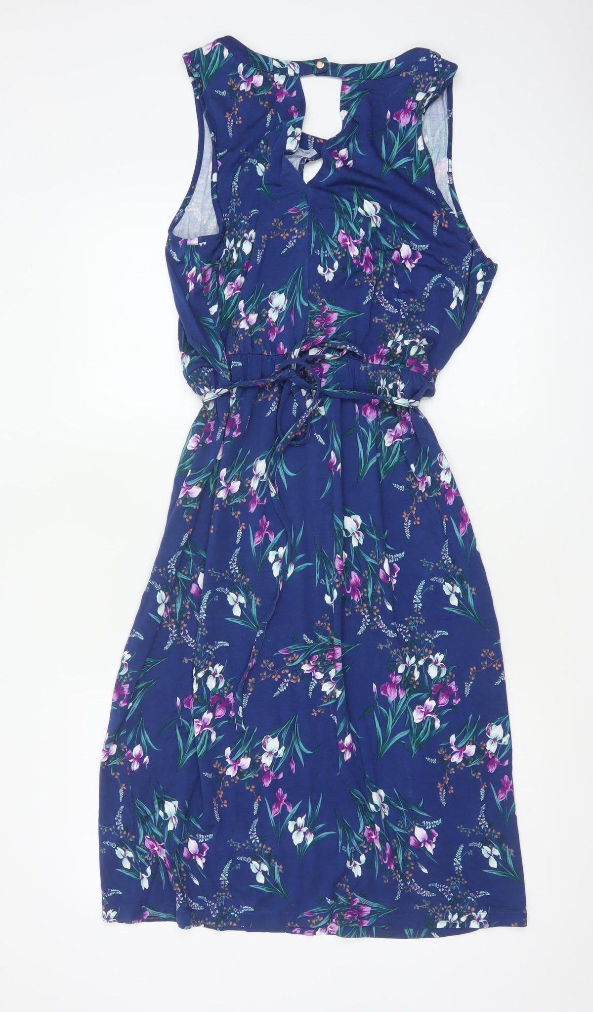 Oasis Women Blue Floral UK 14 Fit & Flare Knee Dress Belted