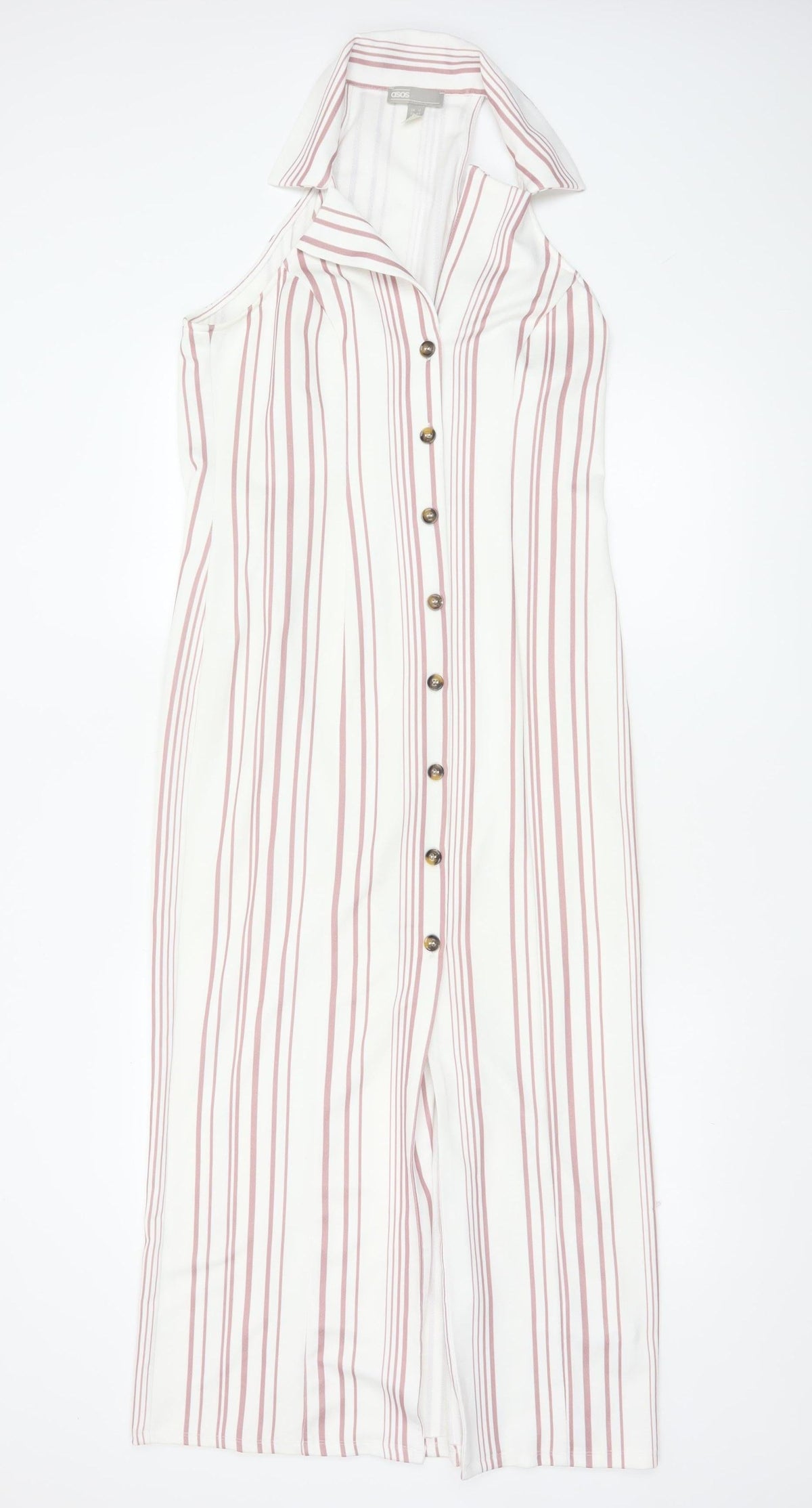 Additional front view of ASOS Women White Pink Striped UK 12 Maxi Sleeveless Shirt Dress