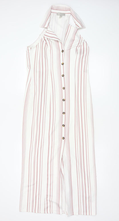 Additional front view of ASOS Women White Pink Striped UK 12 Maxi Sleeveless Shirt Dress
