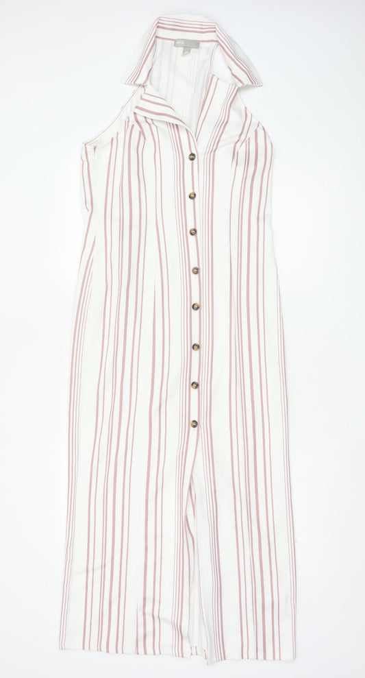Additional front view of ASOS Women White Pink Striped UK 12 Maxi Sleeveless Shirt Dress
