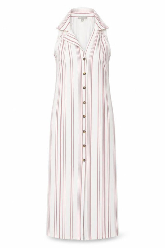 Front view of ASOS Women White Pink Striped UK 12 Maxi Sleeveless Shirt Dress