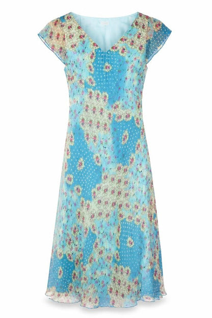 Phase Eight Women Blue Floral Chiffon Midi Fit & Flare Dress UK 12