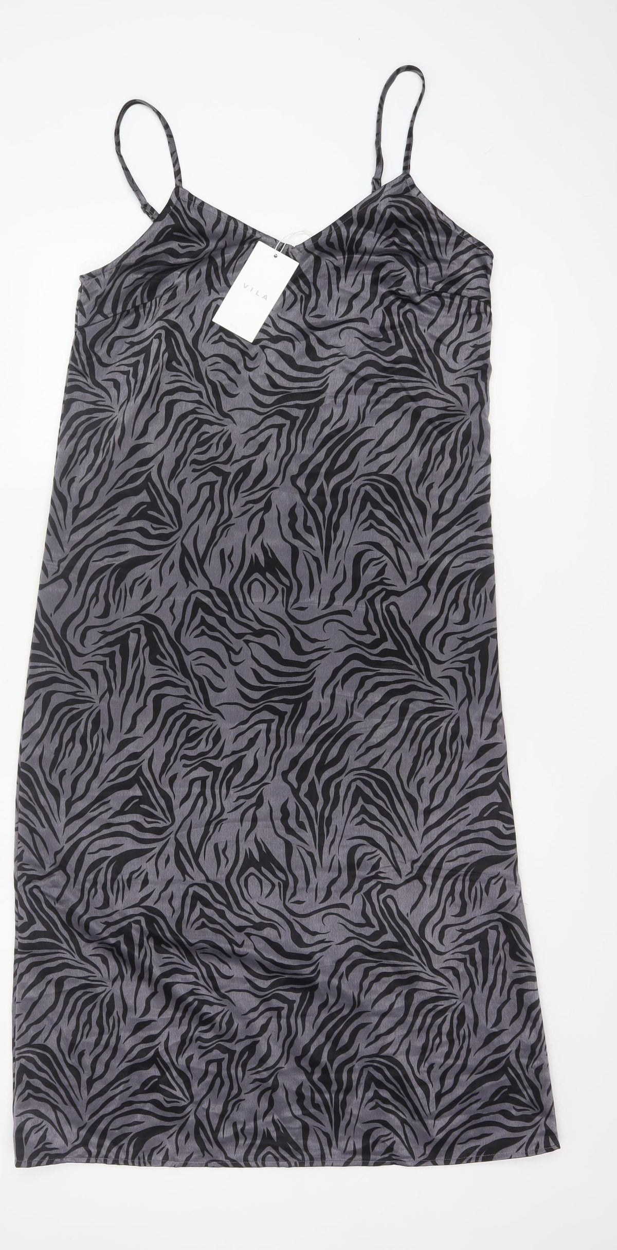 VILA Women Grey Zebra Print Size 10 Knee Length Slip Dress