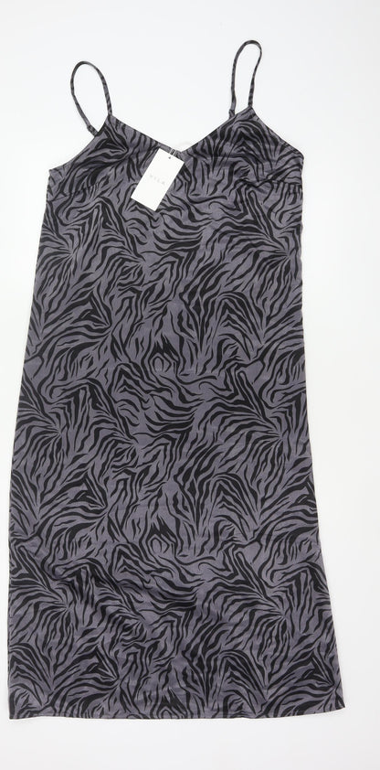 VILA Women Grey Zebra Print Size 10 Knee Length Slip Dress