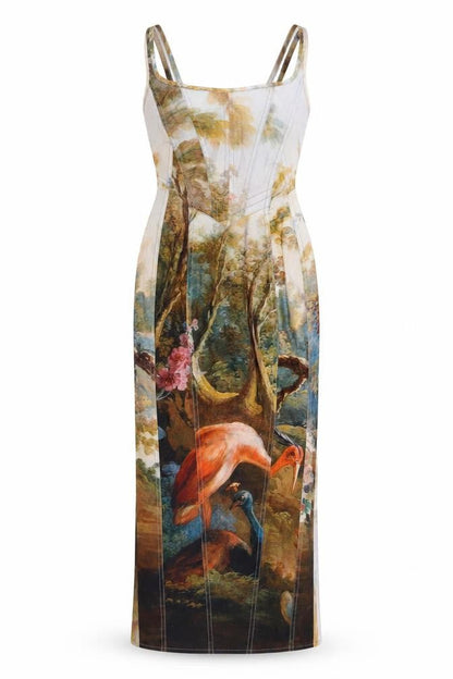 Bershka Women Multicoloured XS Bodycon Long Bird Print Dress