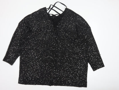 Yours Women’s Black Sequin Lace-Up Back 3/4 Sleeve Blouse UK 26-28