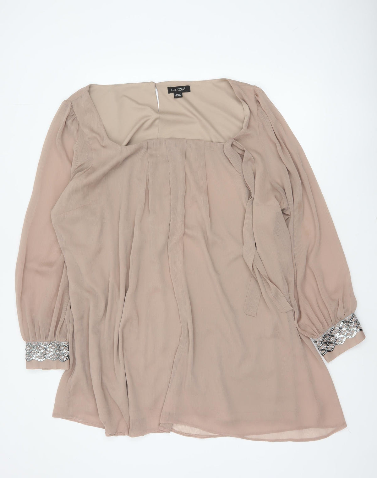 Grazia Women’s Beige UK 28 Sheer Beaded Cuff Tie Waist Blouse