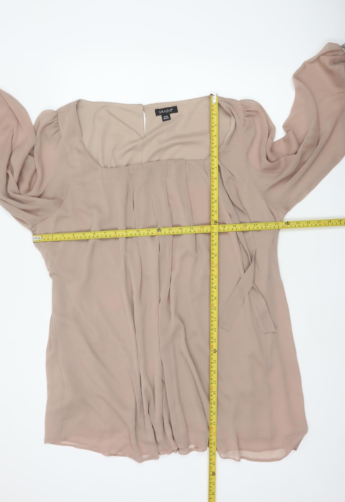 Grazia Women’s Beige UK 28 Sheer Beaded Cuff Tie Waist Blouse