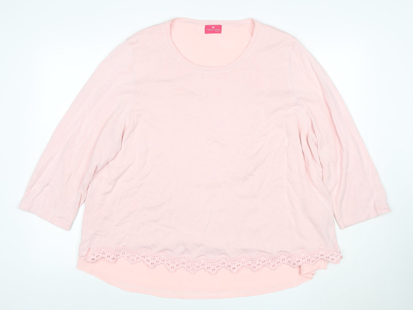 Together Women’s Pink UK 22 3/4 Sleeve Lace Hem Scoop Neck Jumper
