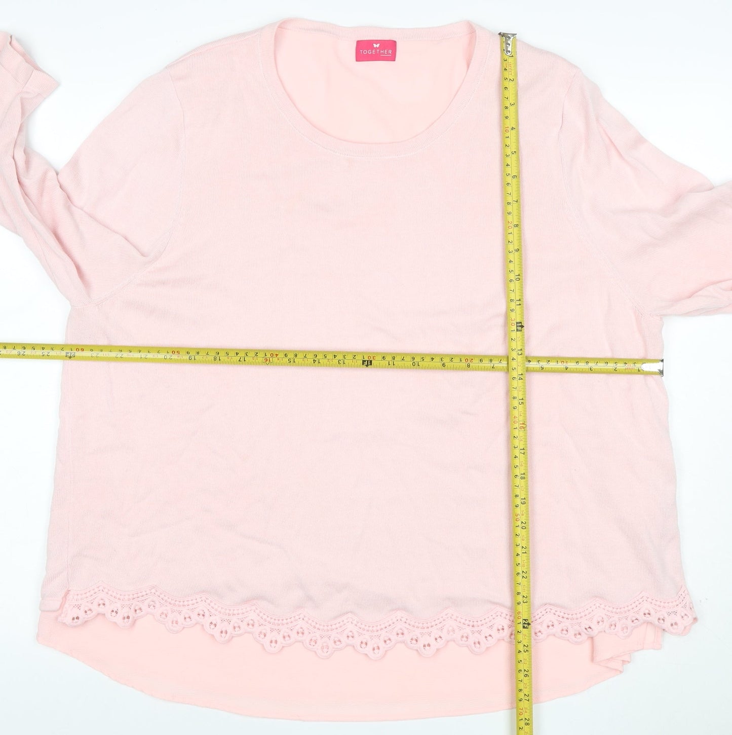 Together Women’s Pink UK 22 3/4 Sleeve Lace Hem Scoop Neck Jumper