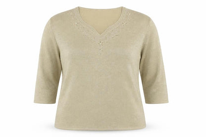 Eastex Women Gold Basic Embroidered V-Neck Knit Top UK 16/18