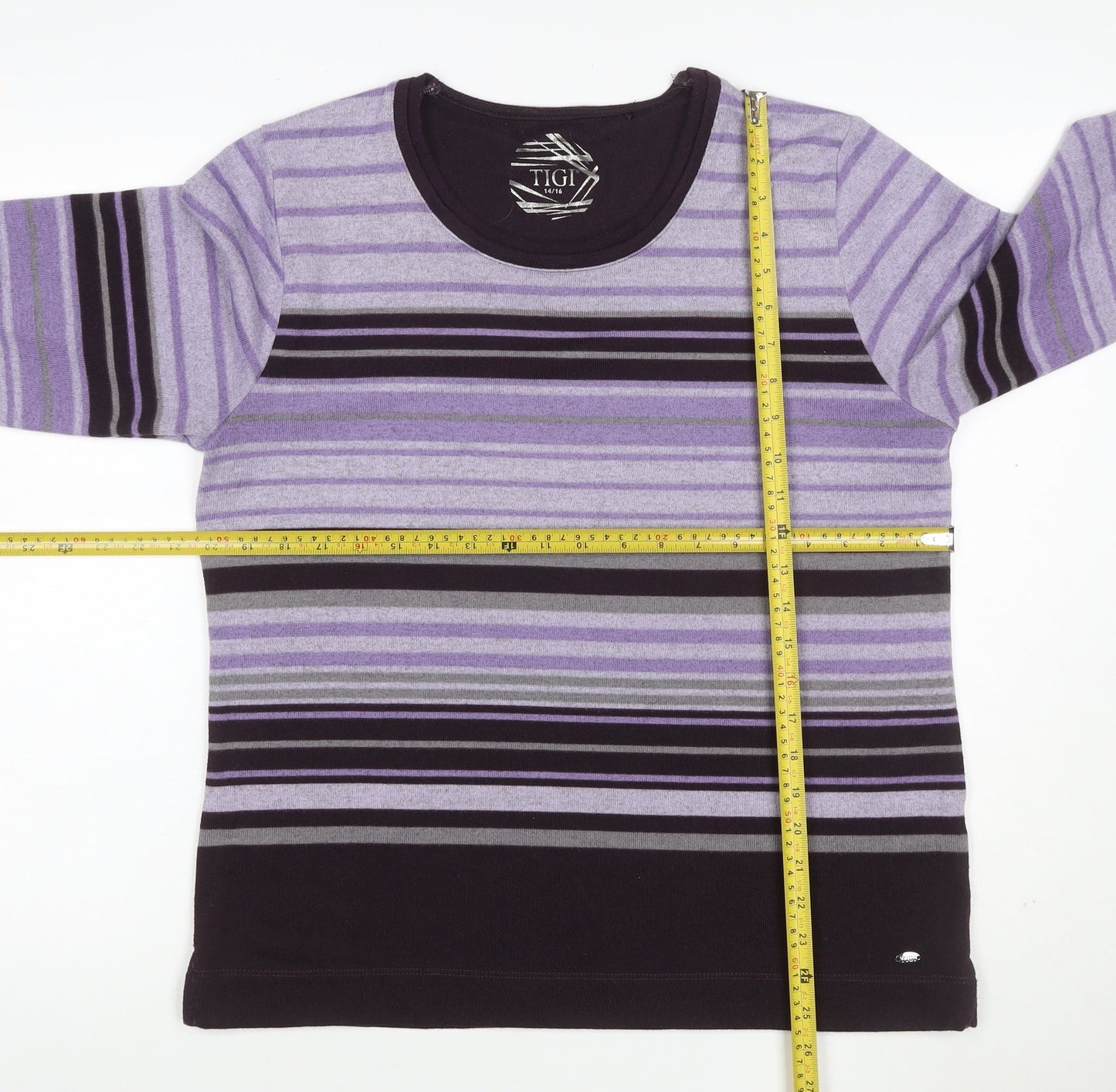 TIGI Women’s Purple Striped Knit Jumper Size 16 3/4 Sleeve
