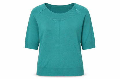 M&Co Women Green L Knit 3/4 Sleeve Round Neck Button Detail Top