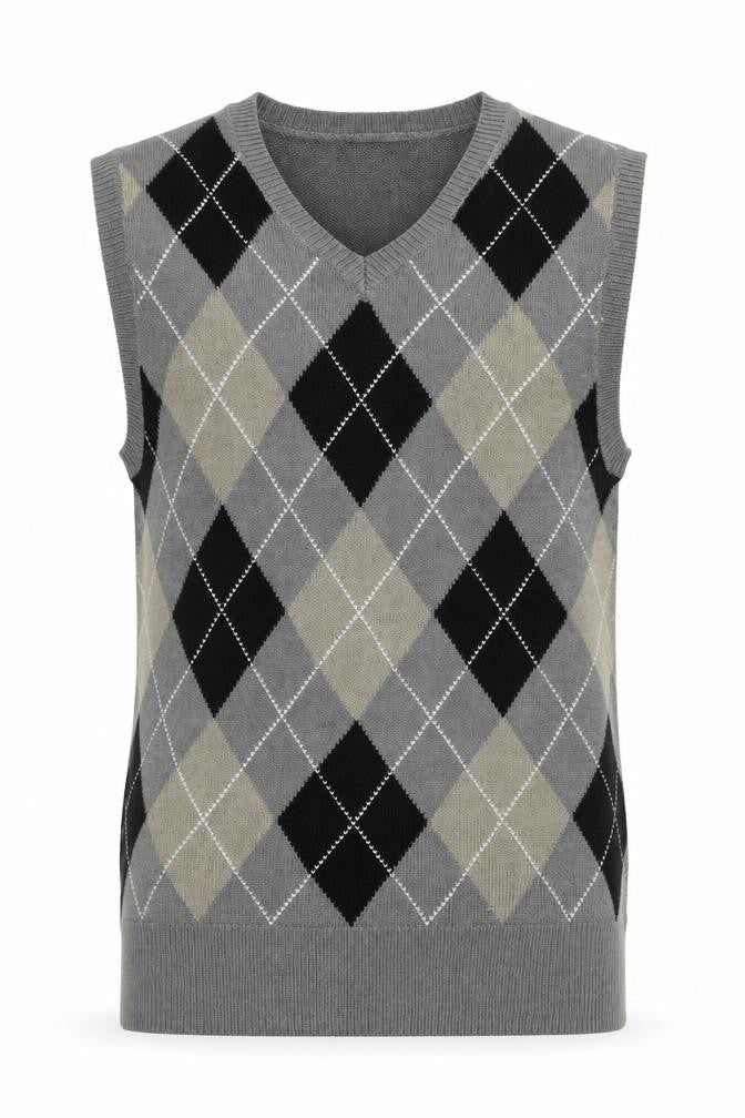 Nass Men Grey XL Argyle V-Neck Knit Sweater Vest Wool Blend