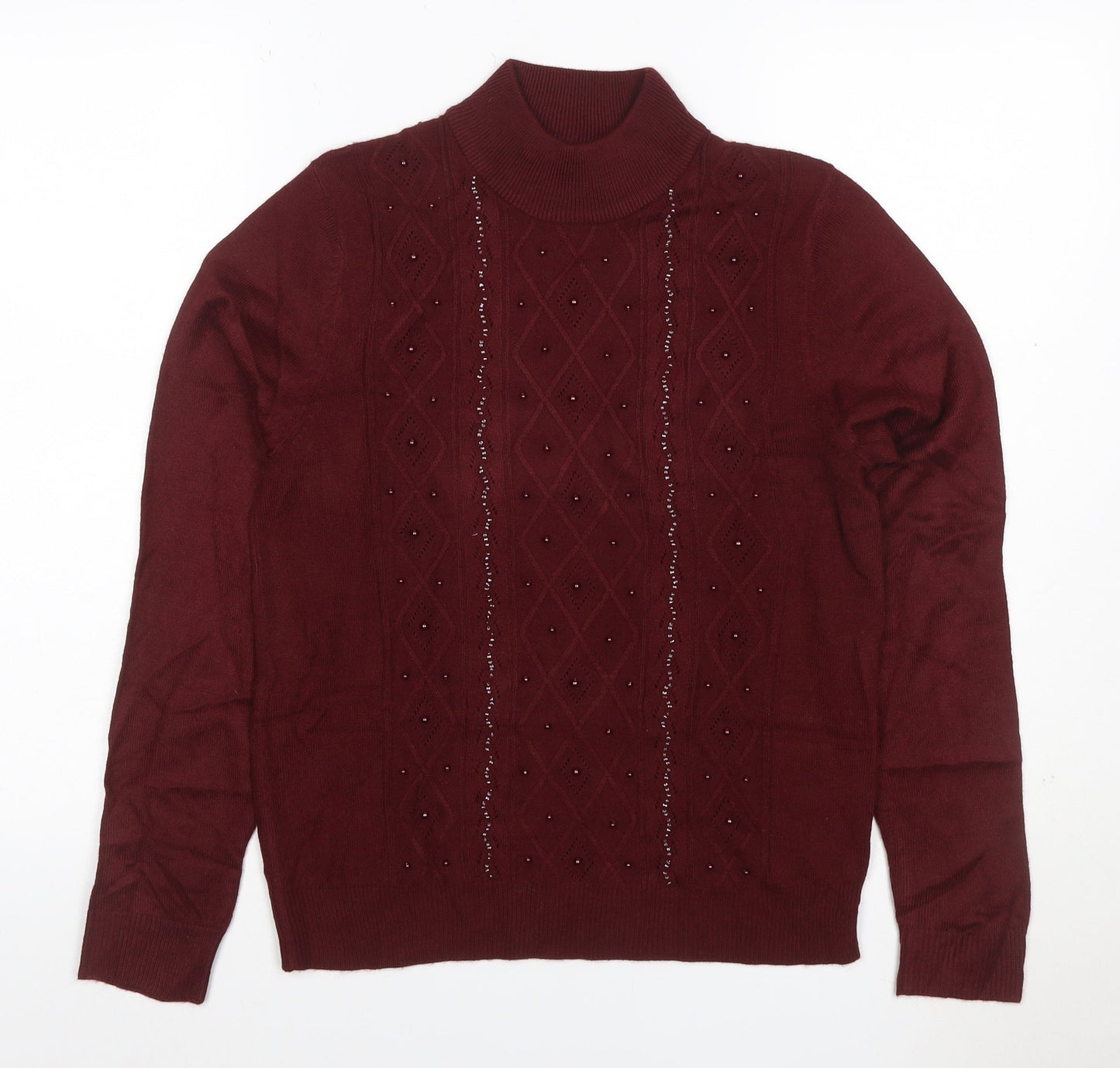 Tradition Women’s Burgundy UK 8 Roll Neck Argyle Beaded Jumper