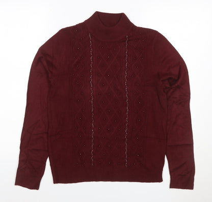 Tradition Women’s Burgundy UK 8 Roll Neck Argyle Beaded Jumper