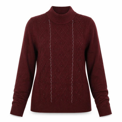 Tradition Women’s Burgundy UK 8 Roll Neck Argyle Beaded Jumper