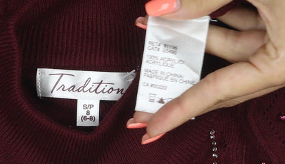 Tradition Women’s Burgundy UK 8 Roll Neck Argyle Beaded Jumper