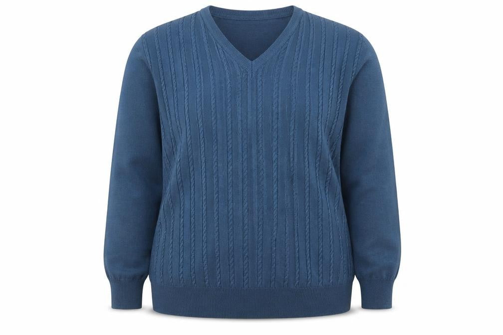 Chica Women Blue UK 22 Cable Knit Merino Wool V-Neck Pullover Jumper