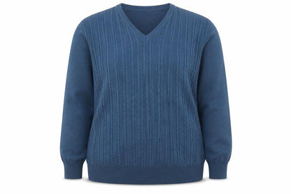 Chica Women Blue UK 22 Cable Knit Merino Wool V-Neck Pullover Jumper