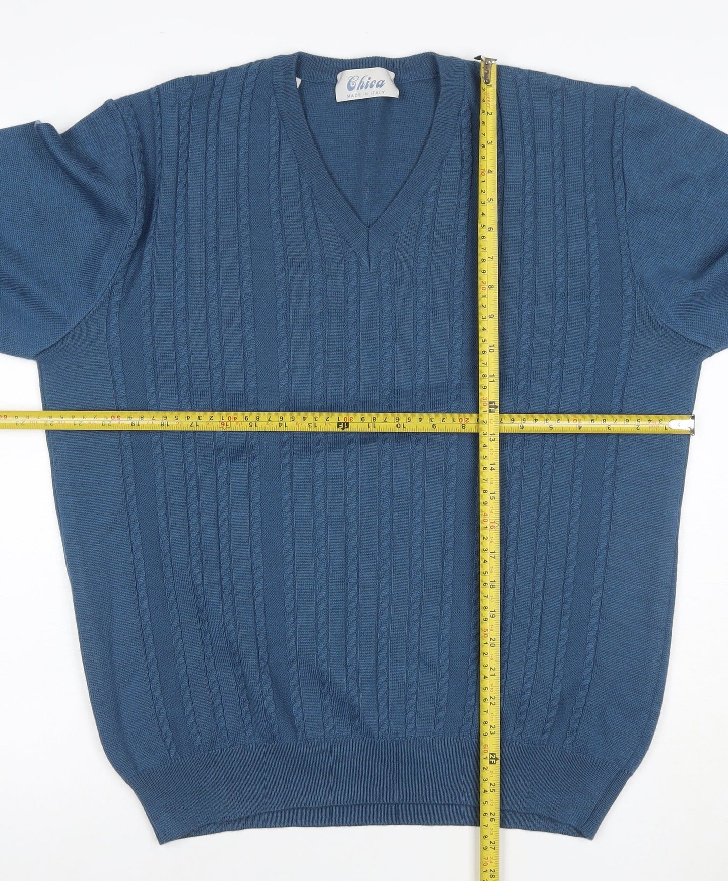 Chica Women Blue UK 22 Cable Knit Merino Wool V-Neck Pullover Jumper