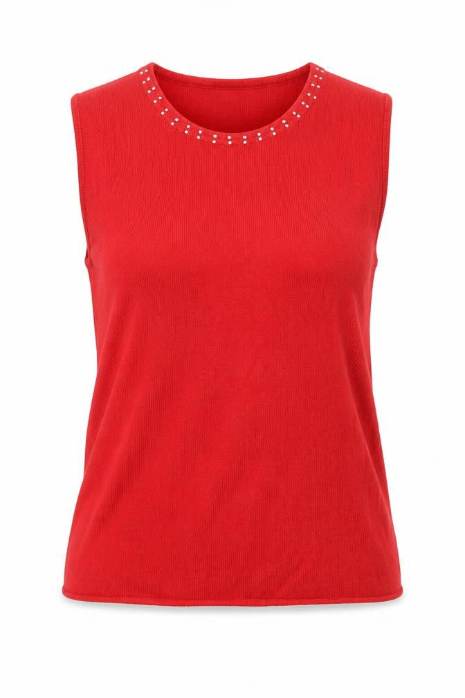 Tanjay Women Red Petite M Sleeveless Knit Vest Rhinestone Scoop Neck