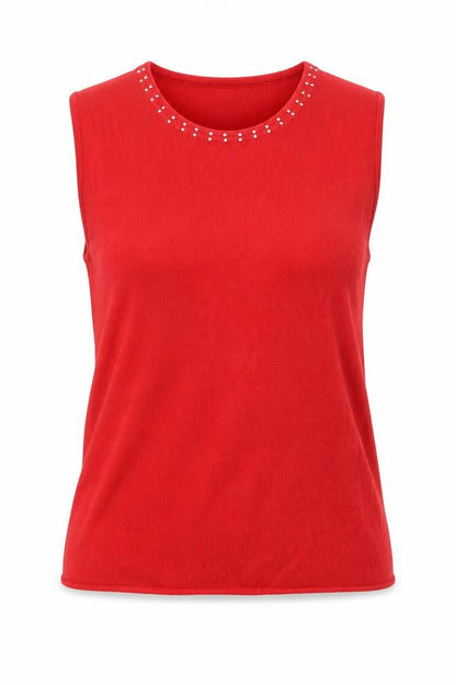 Tanjay Women Red Petite M Sleeveless Knit Vest Rhinestone Scoop Neck